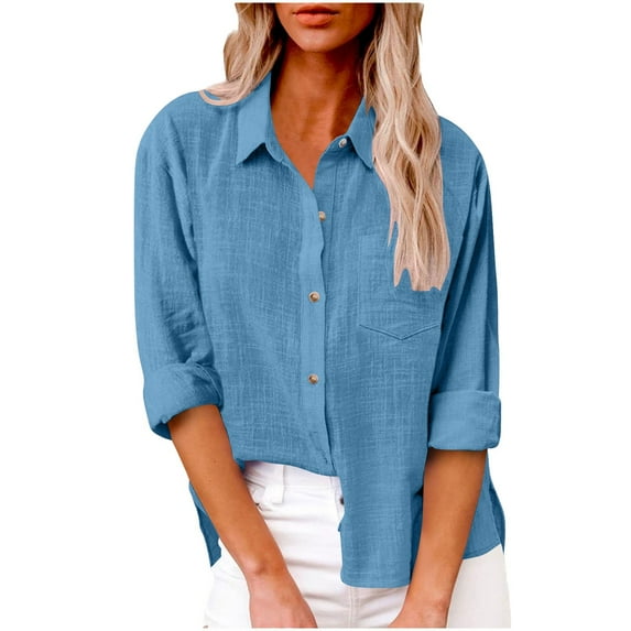 Scyoekwg Button Down Shirts for Women Cotton Linen Lapel Long Sleeve Tops Casual Solid Color Top Lightweight Loose Blouses (Z_Blue,XL)