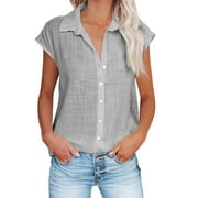 Scyoekwg Button Down Tops for Women Fashion Solid Color Plus Size Lapel Shirts Casual Comfy Linghweight Blouses Gray XXXL