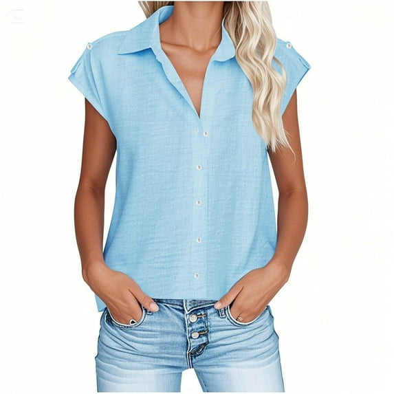 Scyoekwg Button Shirts for Women Summer Lapel Cap Sleeve Shirt Tops Solid Color Casual Comfy Trendy Clothing (Light Blue,XXXXL)
