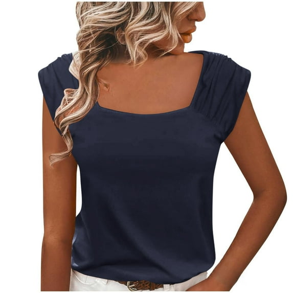 Scyoekwg Cap Sleeve Tops for Women Summer U Neck Pleated Shoulder Solid Color Shirts Tshirt Casual Comfy Slim Tops Blouses (Navy,L)