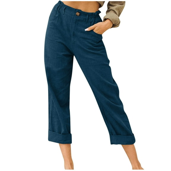Scyoekwg Capris Pants for Women Buttons Elastic Waist Cropped Pants Wide Leg Capris with Pockets Trendy Summer Comfy Solid Color Ladies Capris Casual Loose Pants (Dark Blue,XL)