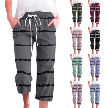 Scyoekwg Capris Pants for Women Cotton Linen Shorts Elastic Waisted Drawstring Straight Wide Leg Trousers Pants Ladies Capris Summer Casual Comfy Loose Striped Print Trendy Pants (Army Green,L)