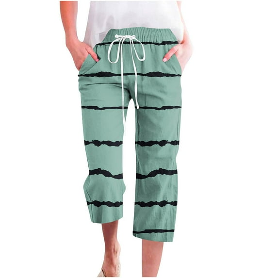 Scyoekwg Capris Pants for Women Cotton Linen Shorts Elastic Waisted Drawstring Straight Wide Leg Trousers Pants Ladies Capris Summer Casual Comfy Loose Striped Print Trendy Pants (Green,S)