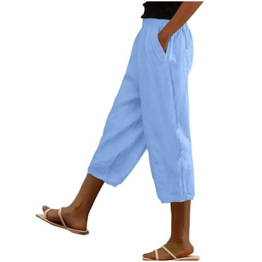Scyoekwg Capris Pants for Women Elastic Waist Loose Straight Leg Pants Beach Trousers with Pockets Comfy Loose Solid Color Trendy Ladies Capris Summer Casual Pants (Blue,S)