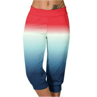 Scyoekwg Capris Pants for Women Lightweight Mid Waist Capris Joggers Workout Athletic Yoga Pants Summer Comfy Gradient Color Trendy Ladies Capris Casual Loose Pants (Red,L)
