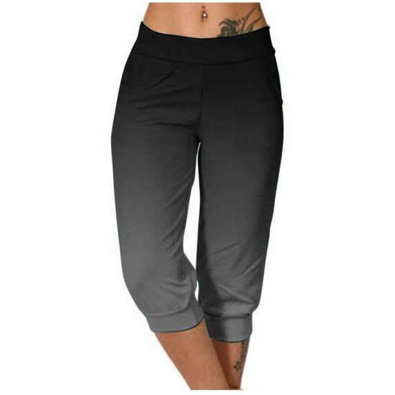 Scyoekwg Capris for Women Casual Summer Lightweight Mid Waist Gradient Color Capris Joggers Workout Athletic Yoga Pants Ladies Capris (Black,S)