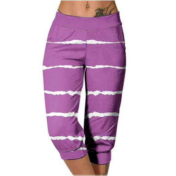 Scyoekwg Capris for Women Casual Summer Mid Waist Lightweight Capris Joggers Workout Athletic Yoga Pants Striped Print Ladies Capris Pants (Purple,XXL)