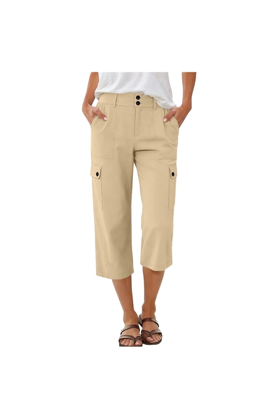 Capris for Women Button Cargo Hiking Pants Casual Open Front Capri Pants with Pockets Travel Pant Khaki,S