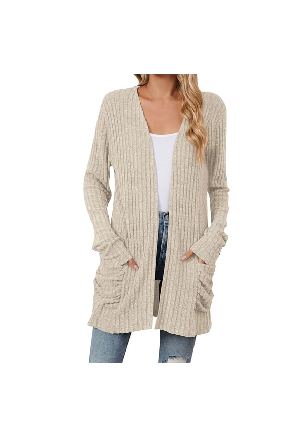 Cardigan Sweaters for Women Brushed Pit Knit sweaters cardigan Casual Loose Lightweight Long Sleeve Open Front Cardigan Coats with Pockets(#B=Beige,XXL)