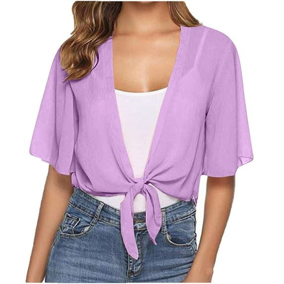 Scyoekwg Cardigan for Womens Shrug Chiffon Shawl Open Front Tie Short Sleeve Wraps Cropped Sheer Flowy Bolero Capes Cardigan(Purple,XXL)