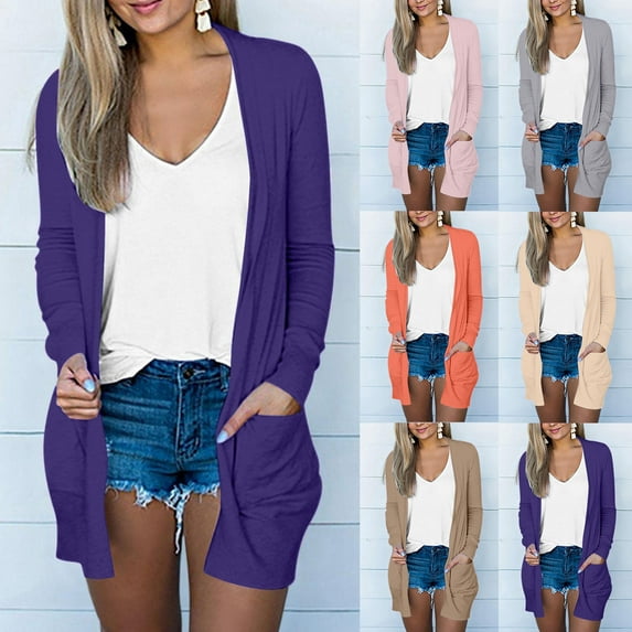 Scyoekwg Cardigans for Women Lightweight Open Front Cardigan Casual Long Sleeve Knit Cardigans with Pockets Solid Color Comfy Cardigans (Beige,L)