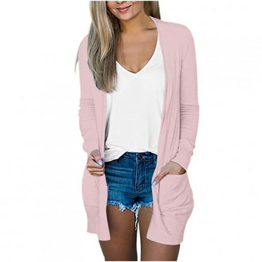 Scyoekwg Cardigans for Women Lightweight Open Front Cardigan Casual Long Sleeve Knit Cardigans with Pockets Solid Color Comfy Cardigans (Pink,S)