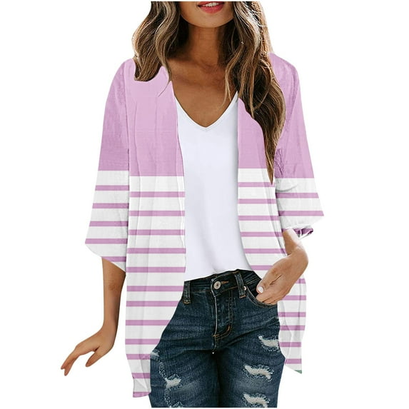 Scyoekwg Cardigans for Women Trendy Striped Printed Casual Lightweight Open Front Vintage Cardigan Tops Loose 3/4 Sleeve Cardigan(Pink,S)