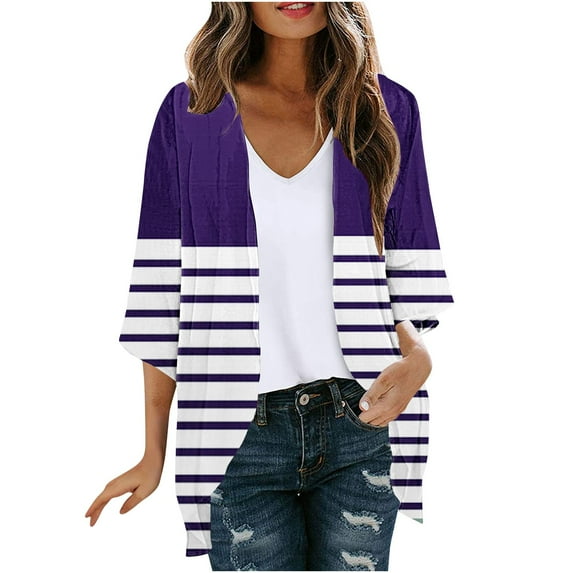 Scyoekwg Cardigans for Women Trendy Striped Printed Casual Lightweight Open Front Vintage Cardigan Tops Loose 3/4 Sleeve Cardigan(Purple,M)