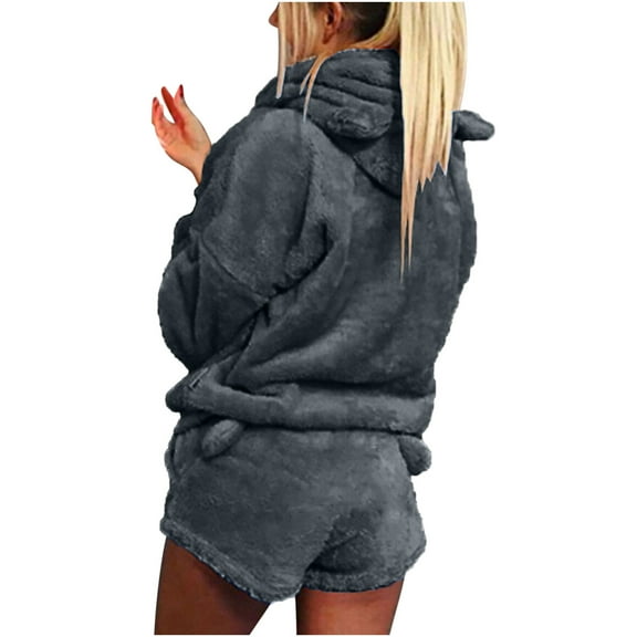 Scyoekwg Casual 2 Piece Sets For Women Hooded Long Sleeve Sweatshirt Shorts Matching Outfits Two Piece Set Fashion Tracksuit (Dark Gray,L)