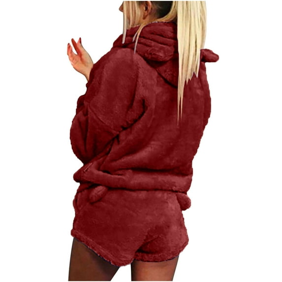 Scyoekwg Casual 2 Piece Sets For Women Hooded Long Sleeve Sweatshirt Shorts Matching Outfits Two Piece Set Fashion Tracksuit (Wine,XXL)