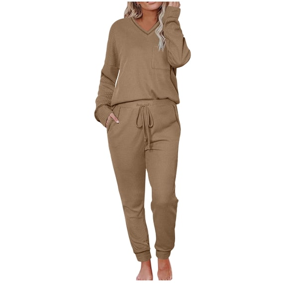 Scyoekwg Casual 2 Piece Sets For Women Long Sleeve Sweatshirt Jogger Sweatpant Fashion Two Piece Set Matching Outfits Sweatsuits (Khaki,L)
