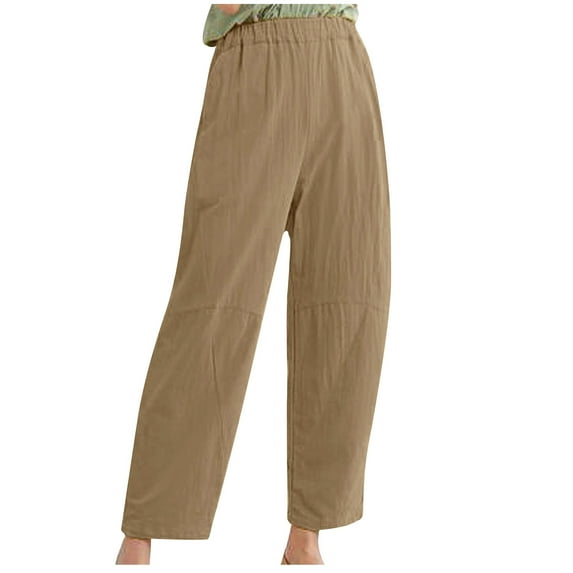 Scyoekwg Casual Cotton Linen Pants for Women High Waisted Wide Leg Lounge Pants Classic Solid Color Baggy Pants (Khaki,XL)