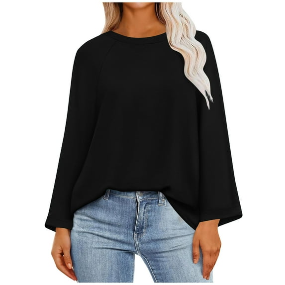 Scyoekwg Casual Long Sleeve Shirts for Women Crewneck Raglan Sleeve Elegant Shirts Fashion Loose Fall Clothes Solid Color Dressy Blouses Vintage Blouses(Black,XL)