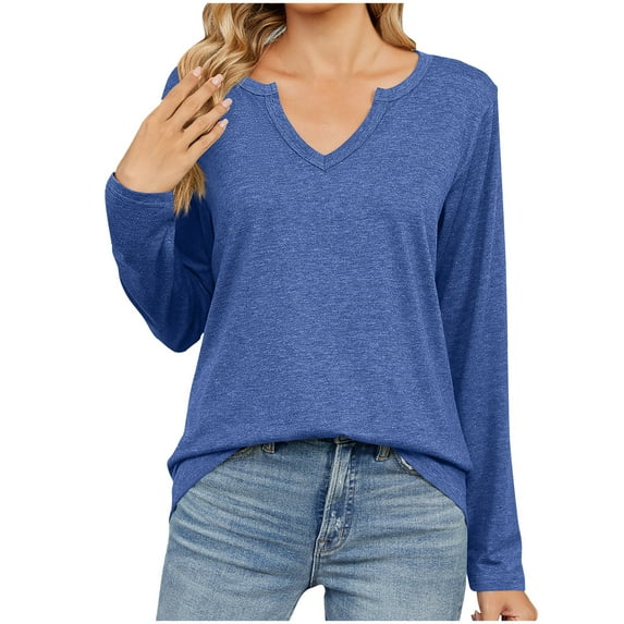 Scyoekwg Casual Long Sleeve Shirts for Women V-Neck Lightweight Slim Tops Vintage Loose Fashion Dressy Blouses Fall Clothes Solid Color Tops(Blue,L)