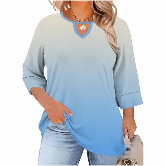 Scyoekwg Casual Tops for Women Trendy V-Neck Gradient 3/4 Sleeve Top Plus Size Front Cutout Three-Quarter Sleeve T-Shirt Summer Loose Fit Dressy Casual Top Light Blue ,XXL