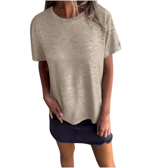 Scyoekwg Casual Tops for Women Loose Ladies Tops Solid Color Short Sleeve Tops Crewneck Regular T-shirt Comfy Summer Blouses (Beige,XXL)