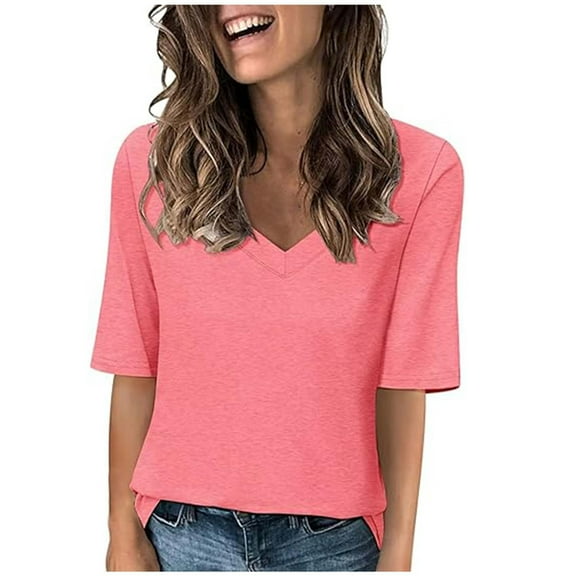 Scyoekwg Casual Tops for Women Solid Color Summer Loose Ladies Tops V-Neck Regular T-shirt Short Sleeve Tops Comfy Blouses (Pink,L)