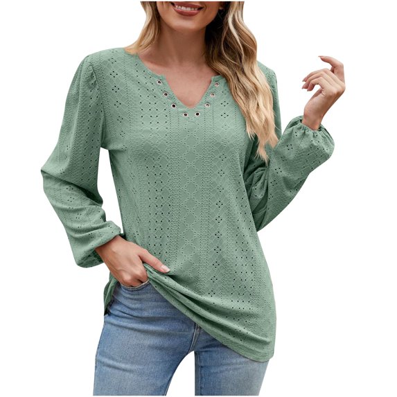 Scyoekwg Casual Tops for Women V-Neck Ring Hole Eyelet Tops Solid Color Fall Tops Trendy Loose Lightweight Long Sleeve T Shirts Pullover (Green,S)