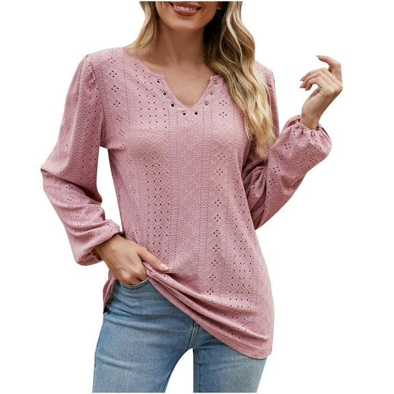 Scyoekwg Casual Tops for Women V-Neck Ring Hole Eyelet Tops Solid Color Fall Tops Trendy Loose Lightweight Long Sleeve T Shirts Pullover (Hot Pink,S)