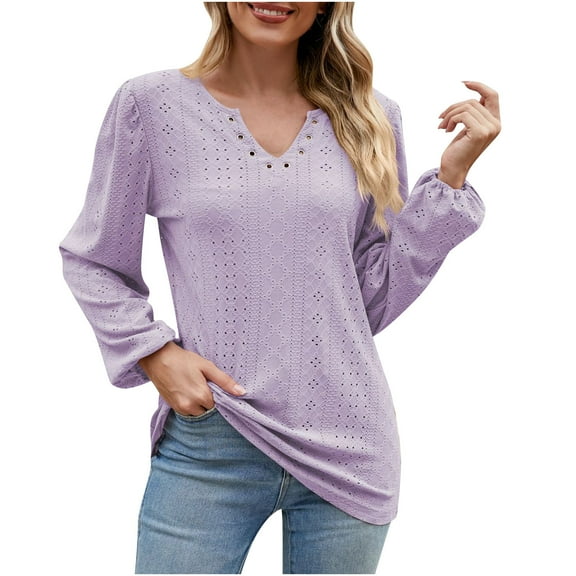Scyoekwg Casual Tops for Women V-Neck Ring Hole Eyelet Tops Solid Color Fall Tops Trendy Loose Lightweight Long Sleeve T Shirts Pullover (Purple,XL)