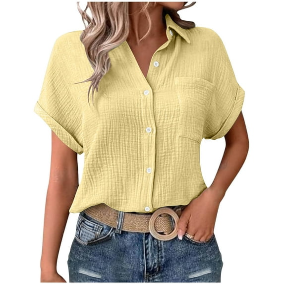 Scyoekwg Casual V Neck Button Down Shirts for Women Solid Short Sleeve Blouse Tops Lapel Loose Ladies Blouses (Yellow,L)