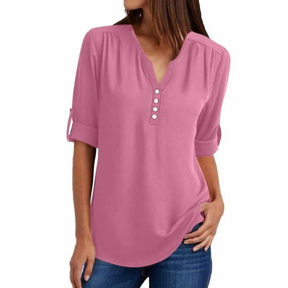 Scyoekwg Chiffon Tops for Women Summer Short Sleeve T Shirts Solid Color Casual Dressy Button V Neck Roll Up Sleeve Loose Tunic Shirts Blouses (V01_Pink,L)