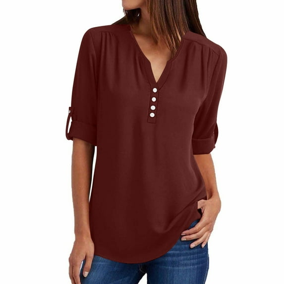 Scyoekwg Chiffon Tops for Women Summer Short Sleeve T Shirts Solid Color Casual Dressy Button V Neck Roll Up Sleeve Loose Tunic Shirts Blouses (V01_Wine,XXL)
