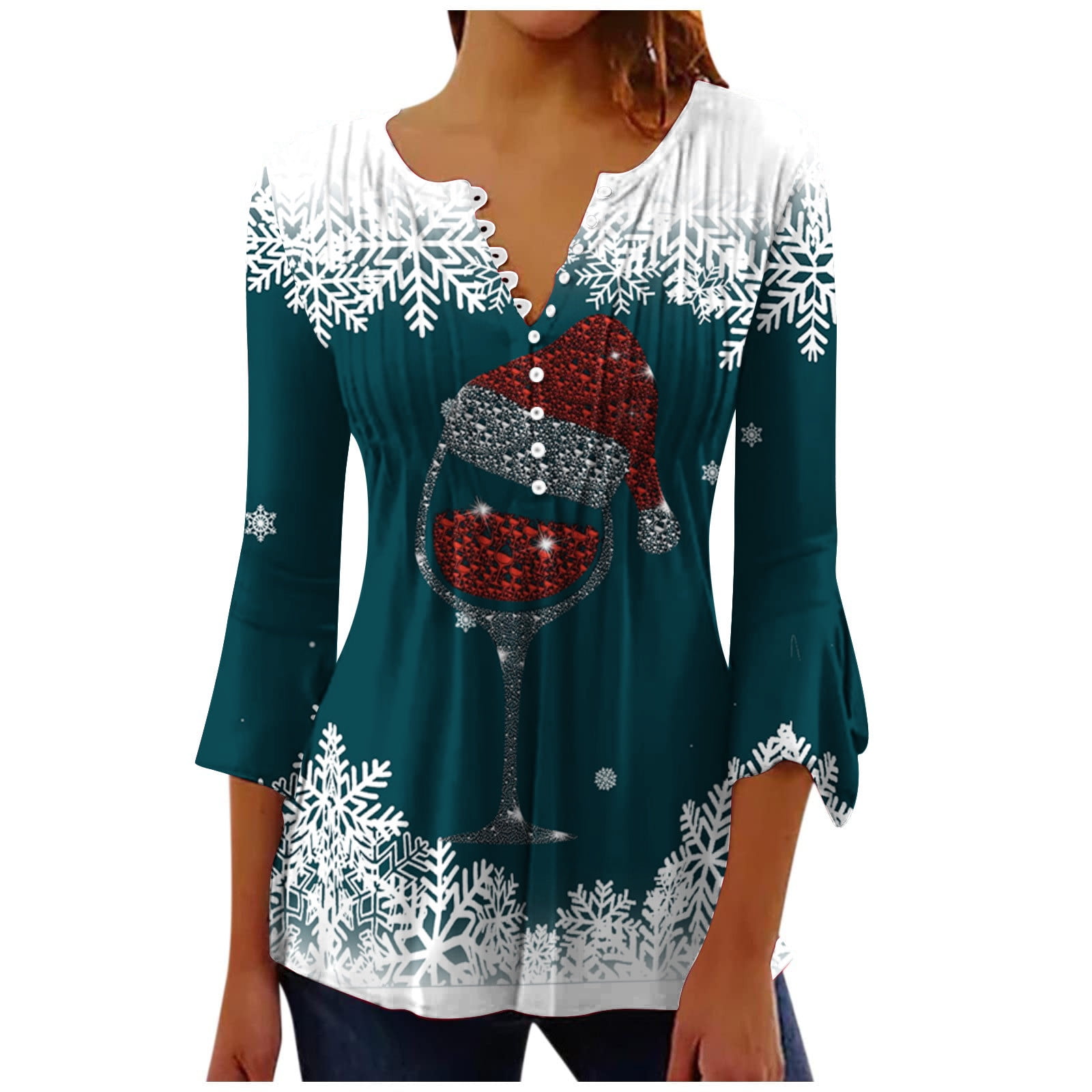 Scyoekwg Christmas Tops for Women Casual 3/4 Sleeve Christmas Wine