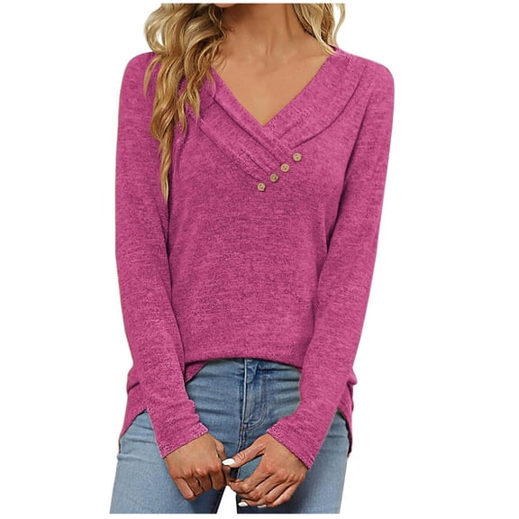 Scyoekwg Classic Solid Color Long Sleeve Shirts for Women Lightweight V Neck Button Dressy Blouses Casual Comfy Slim Basic Tops Tshirt (Pink,L)