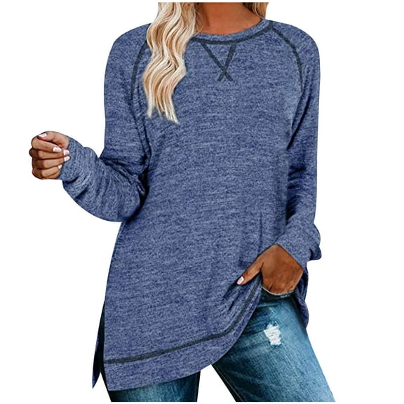 Scyoekwg Classic Solid Color Womens Long Sleeve Tunic Tops Trendy Crewneck Going Out Tops Casual Lightweight Dressy Blouses Loose Pullover (Blue,M)