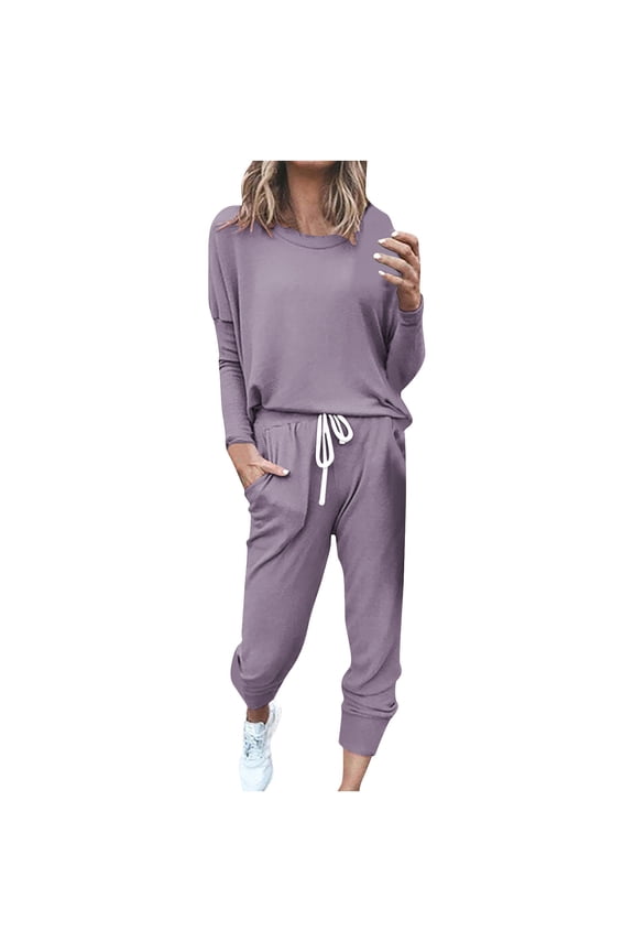 Athletic Set for Women Casual Fashion Loose Fall Outfits Solid Color Crewneck Long Sleeve Tops Elastic Waist Jogger Pants Athletic Set Outfits (Purple,S)