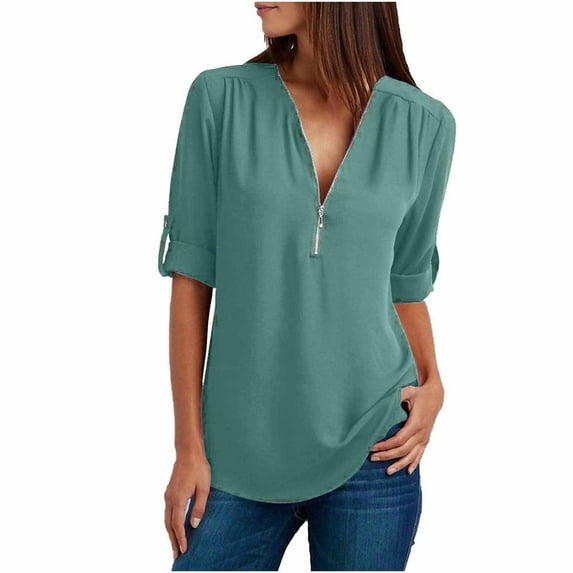 Scyoekwg Long Shirts For Leggings for Women Women's Summer Tunic V Neck Rollable Blouse Tops Long Sleeve Shirts Zip Casual Light Blue XXXXL
