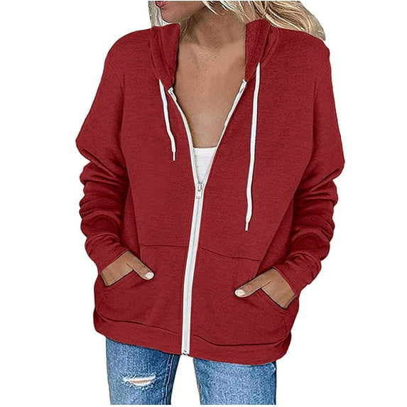 Scyoekwg Long Sleeve Dressy Tops for Women Fall Womens Hoodie Sweatshirts Pockets Jacket Coat Full Zip Long Sleeve Lightweight Coat #D=Wine M