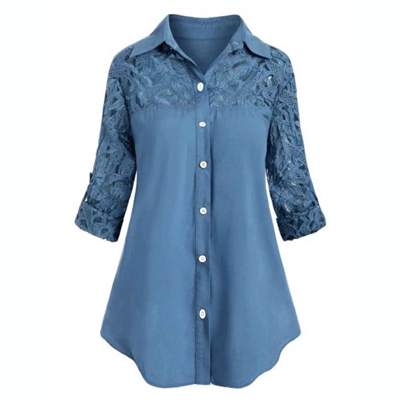 Scyoekwg Long Sleeve Shirts for Women Women Ladies Down Collar Long Sleeve Shirt Blous Large Size Button Lace Turn Blue L