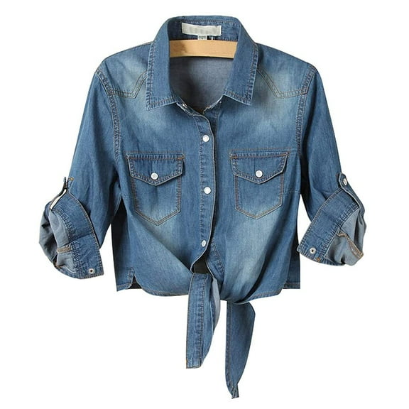 Scyoekwg Clearance Trendy Long Sleeve Tops for Women Women's Casual Jean Top Knot Tie Denim Shirt Jacket 3/4 Sleeve Button Down Crop Blue M
