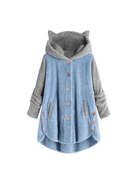 Women's Tunic Tops for Leggings Women Button Loose Sweater Blouse Plus Size Coat Patchworl Tops Hooded Pullover Blue L