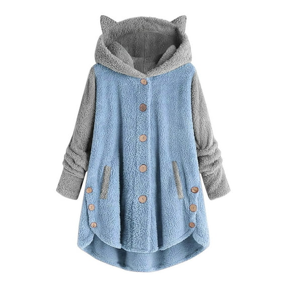 Scyoekwg Clearance Women's Tunic Tops for Leggings Women Button Loose Sweater Blouse Plus Size Coat Patchworl Tops Hooded Pullover Blue XL