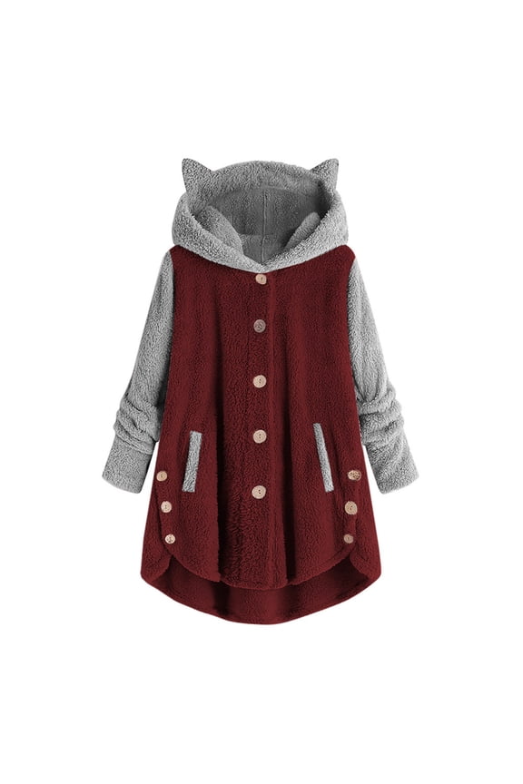 Women's Tunic Tops for Leggings Women Button Loose Sweater Blouse Plus Size Coat Patchworl Tops Hooded Pullover Wine M