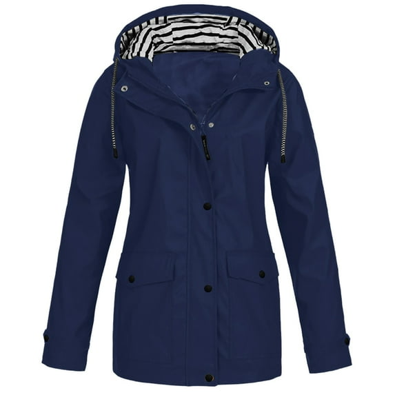 Scyoekwg Women's Tunic Tops for Leggings Women Solid Waterproof Hooded Raincoat Windproof Rain Jacket Outdoor Plus Size Navy XL