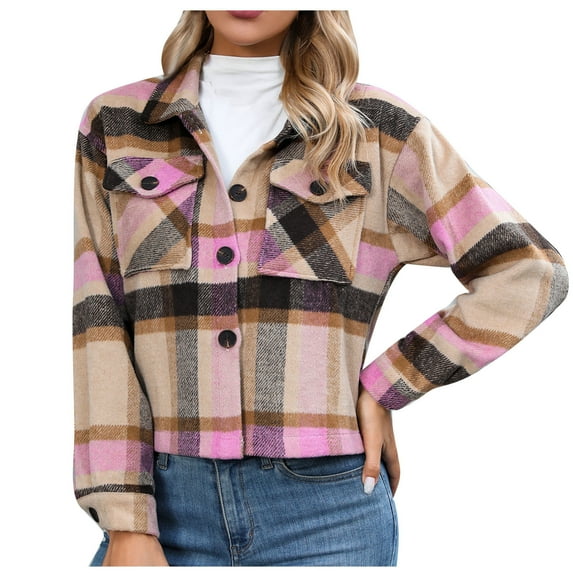 Scyoekwg Womens Coats,Jackets for Women Loose Lightweight Plaid Coats Long Sleeve Button Up Lapel Coats Fall Outfits Casual Fashion with Pocket Cardigan Jacket (Pink,S)