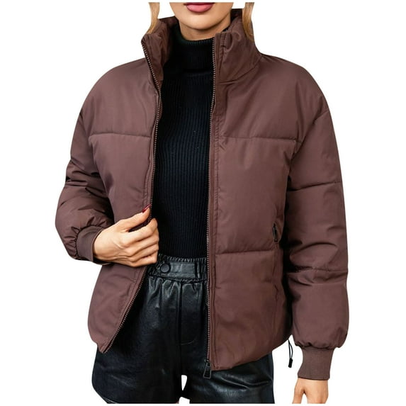 Scyoekwg Womens Jackets Thickening Padded Warm Short Down Jacket Outwear Casual Loose Long Sleeve Winter Warm Jackets Solid Color Outerwear (Coffee,L)