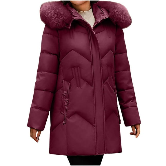 Scyoekwg Womens Jackets Winter Zipper Plus Thickened Fleece Warm Jacket Long Cotton Coat Solid Color Outwear Casual Loose Long Sleeve Outerwear (Wine,XXXXXL)
