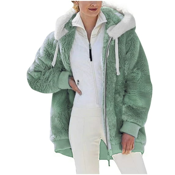 Scyoekwg Clearance Womens Tops Dressy Casual Fall Women Plus Zip Hooded Jacket Coat Size Winter Warm Loose Plush Green XXXL