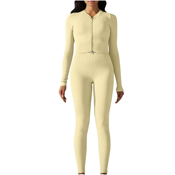 Scyoekwg Workout Outfits for Wome n Fashion Fall Outfits Solid Color Crewneck Long Sleeve Coats Sports Outfits Loose Casual Sweatsuits (Khaki,S)